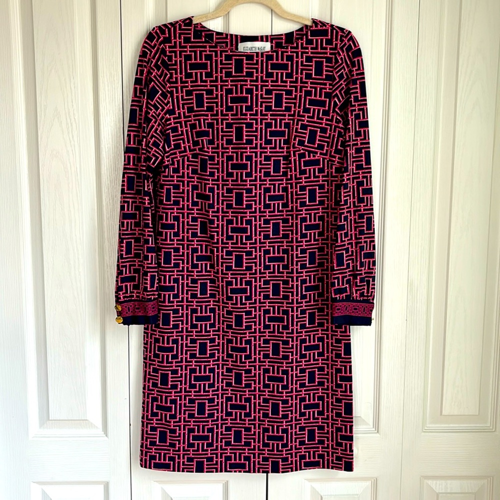Elizabeth McKay Navy and Pink Geometric Print Long Sleeve Shift Dress. Size Med